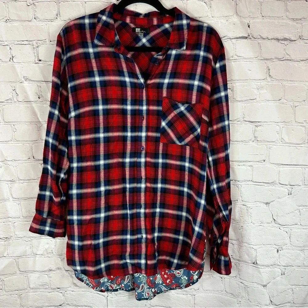Kut from the kloth navy red plaid tunic top sz medium boho western